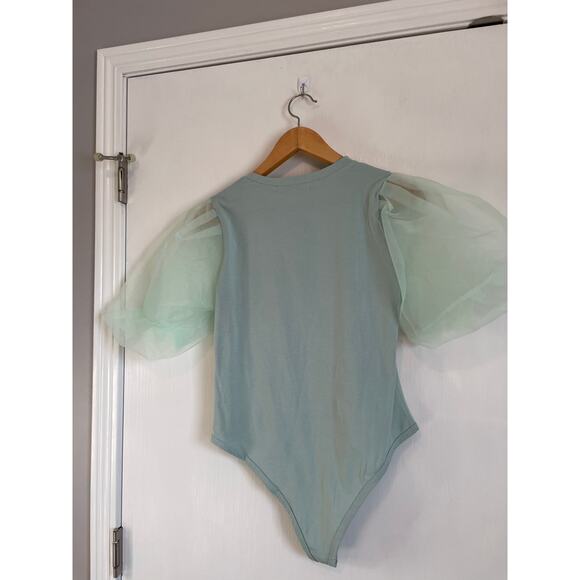 Lizette Collection short puff sleeve bodysuit green pastel stretchy Size L - Picture 2 of 7